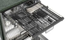 an open dishwasher with dishes in it