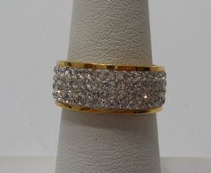 "Vintage stainless steel, gold tone ring loaded with tiny clear rhinestones, around the entire band. 1/4\"L. Size 6.5. Milor China." Gold Diamond Ring With Rhinestones, Gold Rings With Rhinestones, Gold Crystal Promise Ring With Rhinestones, Gold Rhinestone Rings For Anniversary, Gold Rings With Rhinestones For Anniversary, Gold Crystal Ring With Bling, Gold Diamond Ring With Rhinestones For Anniversary, Engagement Vibes, Stainless Steel Ring