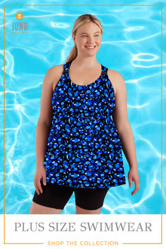 Plus Size woman wearing a plus size tankini top and plus size swim shorts from JunoActive. Plus Size Swimwear for women XL - 6X. Blue Sleeveless Tankini With Upf 50+, Moisture-wicking Tankini For Summer Pool Use, Moisture-wicking Tankini For Pool And Summer, Summer Moisture-wicking Tankini For Pool, Summer Sleeveless Tankini For Water Sports, Sleeveless Summer Tankini For Water Sports, Moisture-wicking Tankini For Pool, Blue Swim Dress With Upf 50+ For Swimming, Blue Tankini For Summer Water Sports