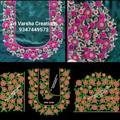 an embroidered piece with pink flowers and green leaves in the center, on a black background