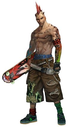 a man with tattoos holding a skateboard