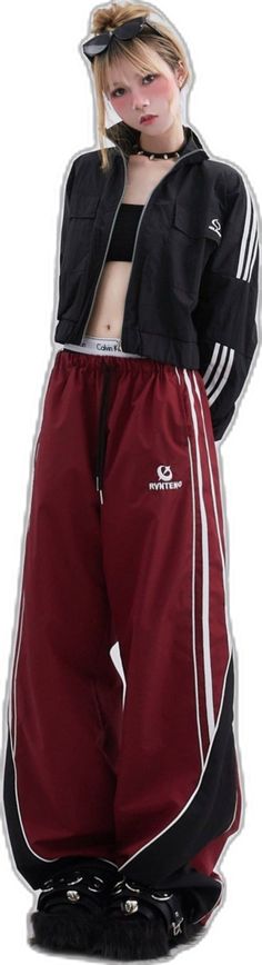 Sporty Red Sweatpants With Elastic Waistband, Casual Gym Pants With Three Stripes, Sporty Red Jogging Pants, Sporty Red Pants For Jogging, Red Sporty Jogging Pants, Cotton Sports Pants With Contrast Stripes, Athleisure Streetwear Bottoms With Contrast Stripes, Sporty Contrast Stripes Bottoms For Streetwear, Athleisure Bottoms With Contrast Stripes For Streetwear