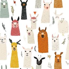 llamas and alpacas are all drawn in different colors on a white background