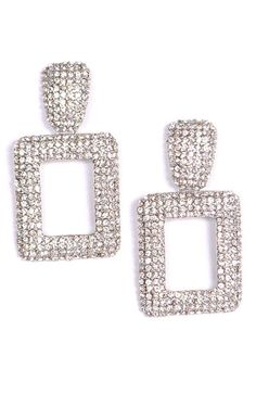 2.5" in lengthMaterial: Metal & Rhinestones Luxury Elegant Square Earrings, Luxury Square Earrings, Trendy Silver Square Jewelry, Rectangular Crystal Jewelry For Evening, Modern Rectangular Jewelry For Party, Rectangular Silver Glamorous Jewelry, Rectangular Crystal Earrings For Gifts, Rectangular Crystal Jewelry For Party, Modern Rectangular Earrings For Party