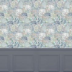 a wallpaper with flowers and leaves in blue, green, pink and grey colors