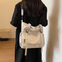 UAKISS - Preppy Style Solid Color Tote Bag Casual Tooling Fashionable Shoulder Bag High Quality Large Capacity Student Crossbody Bag Multifunctional Beige Shoulder Bag, Beige Bags For Daily Life, Multifunctional Everyday Beige Bag, Multifunctional Beige Everyday Bag, Large Capacity Beige Canvas Backpack, Beige Large Capacity Canvas Backpack, Functional Beige Backpack Shoulder Bag, Beige Tote Backpack With Large Capacity, Large Capacity Shoulder Bag Backpack For Daily Use