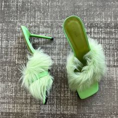 Brand New Condition, Unworn With Box Green Faux Fur High Heel Sandal Green Open Heel Mules For Party, Trendy Green Mules For Party, Green Block Heel Mules For Party, Green Leather Mules For Party, Chic Green Mules For Party, Green Round Toe Mules For Party, Chic Green Mules For Evening, Chic Green Heels For Cocktail, Mia Sandals