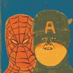 an image of two superheros with faces drawn on them, one wearing a hat and the other as a spider man