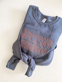 Spooky Season Embroidered Sweatshirt -- Halloween Sweatshirt, Crewneck, Ghost Graphic Crew Neck Sweatshirt, Fall Embroidery Shirts, Cute Fall Sweatshirts, Fall Sweatshirt Ideas, Fall Merch, Halloween Sweatshirt For Women, Fall Graphic Tees