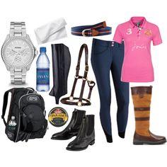 a woman's outfit and accessories including boots, watch, purse, hat, backpack, water bottle