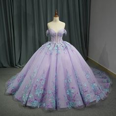 Princess Lilac Sequins Flower Long Tail Evening Party Dresses Purple Ball Gown Princesses, Ballroom Extravaganza, Quinceñera Ideas, Poofy Dresses, Bridgerton Party, Shoulder Length Veil, Purple Ball Gown, Xv Dresses, Royal Celebration