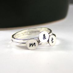 Custom Initial Stack Rings Sterling Silver by LittleGreenRoom, $45.00 Sterling Silver Stackable Initial Ring For Wedding, Wedding Sterling Silver Stackable Initial Ring, Wedding Stackable Initial Ring In Sterling Silver, Stackable Initial Ring For Anniversary, Stackable Initials Rings For Promise, Stackable Sterling Silver Initial Ring, Sterling Silver Stackable Initial Rings For Anniversary, Personalized White Sterling Silver Couple Rings, Stacked Round Rings As Gift