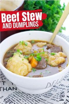 beef stew and dumplings in a white bowl