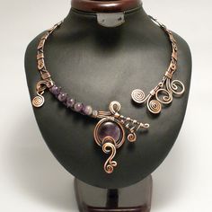 "Statement Necklace, Amethyst Necklace, Open necklace, Copper Necklace For Women, Purple Necklace, Copper Jewelry, Choker Necklace Looking for glorious copper necklace? This purple amethyst necklace is perfect. Highly recommended if you want to receive \"wow\" as compliment! This statement necklace is a stunning piece to combine with any fashion look. If you want to feel really unique in any occasion, this is your necklace! You can wear it for evening or casual outfit look. This is beautiful ame Calder Jewelry, Open Necklace, Purple Stone Necklace, Wire Jewelry Patterns, Necklace Amethyst, Purple Necklace, Turquoise Bracelet Cuff, Amethyst Bracelet, Jewelry Choker