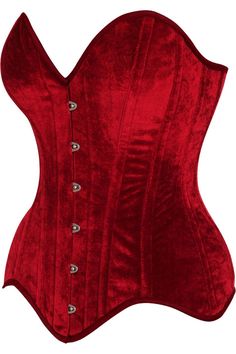 Overbust corset made of velvet fabric Front Busk Closure 10 Spiral Steel boned with 4 Flat steel bones Ribbon tie closure at back for cinching Privacy Panel Lined Hand Wash Elegant Red Fitted Corset Belt, Fitted Red Underbust Corset Belt, Red Fitted Underbust Corset Belt, Red Fitted Corset With Boning, Red Corset With Boning, Red Fitted Bodice Corset With Boning, Red Underbust Corset With Boning, Velvet Corset Dress With Boned Bodice, Velvet Overbust Corset For Party