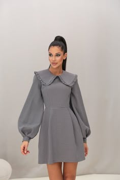 Plaid Dark Gray Turndown Collar Dress – VICLAN Bried Dress, Short Frocks For Women, Dress Necklines, Tweed Outfits, Cuffed Sleeve Dress, Short Frocks, Casual Office Wear, Corporate Dress, Frock For Women