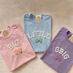 Big Lil Shirts, Cute Pink T-shirt With Letter Embroidery, Cute White Tops With Letter Embroidery, Cute Tops With Letter Print For Gender Reveal, Cute Crew Neck Tops For Gender Reveal, Cute Short Sleeve Tops With Letter Embroidery, Big Little Shirts Sorority, Sorority Big Little Reveal, Big Little Basket