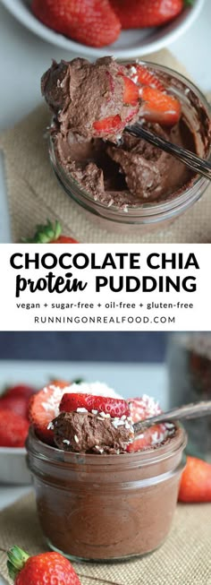 chocolate chia protein pudding in a jar with strawberries