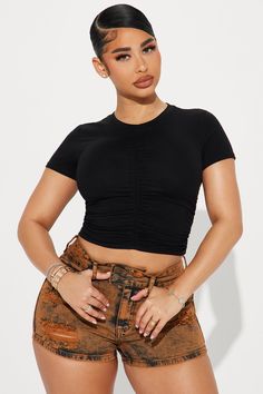 Available In Black, White, And Olive. Crew Neck Short Sleeve Ruched Detail Stretch 95% Cotton 5% Spandex Imported | Mena Ruched Top in Black size Small by Fashion Nova Stephanie Rao, Fashion Nova Outfits, Womens Camisoles, Ruched Top, Fashion Nova Models, Tops Fashion, Knit Tops, Tank Top Camisole, White Fashion