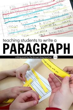 two pictures with the words, teaching students to write a paragraph on paper and scissors