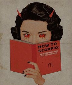 a woman is reading a book with horns on her head and blood dripping from her eyes