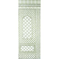 a green and white decorative window with lattice design on the outside, in front of a white background