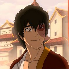 an animated image of a man with black hair and brown eyes standing in front of some buildings