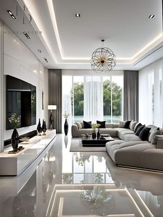 a modern living room with white walls and flooring is lit by recessed lights