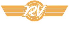 an orange and white logo with the word rv on it's side, in front of