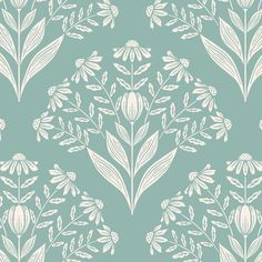 a blue and white floral wallpaper with leaves, flowers and buds on the side