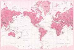 a pink world map is shown with the names of countries and major cities in each country