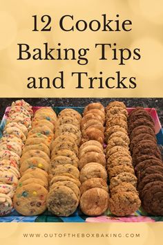 an assortment of cookies with the words 12 cookie baking tips and tricks in front of them