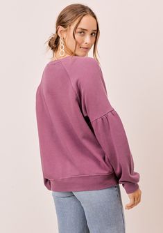 Who says a sweatshirt can't be fancy? Super cozy but also feminine, our pullover features a flattering volume sleeve and loose crew neckline. Available in an assortment of beautiful vintage wash colors. FINAL SALE Thermal knit detail Relaxed fit Long raglan sleeve Hip length Wide crew neckline Self: 67% Cotton, 33% Polyester, Contrast: 100% Cotton Model is 5'8, wearing a size S in Burgundy, Hunter & Navy.Model is 5'9, wearing a size S in Charcoal & Dusty Pink.Style: I-12593K-QUK-G High Hips, Pink Style, Online Sales, Cozy Sweaters, Hip Length, Dusty Pink, Raglan Sleeve, Crew Neckline, Final Sale