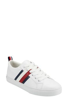 Step into a low-profile sneaker with classic good looks, including Hilfiger's signature red, white and navy logo reworked in the side striping. Lace-up style Synthetic upper/textile lining/rubber sole Imported Women's Shoes Navy Logo, Top Sneakers Women, Adidas Gazelle Sneaker, Adidas Samba Sneakers, Adidas Superstar Sneaker, Ankle Strap Sandals, Up Styles, Strap Sandals, Womens Shoes Sneakers