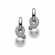 Elegant Diamond White Earrings With Sparkling Stones, Elegant Dangle Earrings With Sparkling Stones, Elegant Sparkling Stone Dangle Earrings, Elegant White Diamond Dangle Earrings, Elegant Dangle Earrings With Diamond Accents, Elegant Drop Earrings With Diamond Accents, Elegant Pierced White Gold Pearl Earrings, Mikimoto Earrings, Mikimoto Jewelry