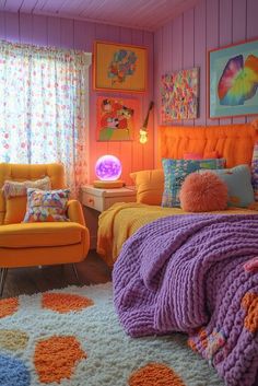 a bedroom decorated in bright colors with orange and purple accents