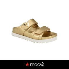 in stock Gold Open Toe Slides With Buckle Closure, Gold Casual Slip-on Slides, Casual Gold Slides For Vacation, Casual Gold Slides With Buckle Closure, Gold Casual Slide Sandals, Gold Open Toe Footbed Sandals With Cushioned Sole, Gold Open Toe Footbed Sandals With Cushioned Footbed, Casual Gold Slide Sandals, Gold Open Toe Synthetic Slides