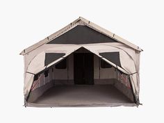 a tent that is sitting on top of a white surface with black and red stripes