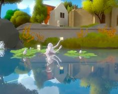 an animated image of a woman floating in the water