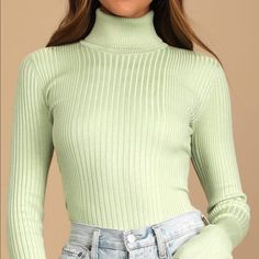 Stretchy Ribbed Turtleneck, Sweater- Top -Hybrid, Long Sleeves And Fitted Bodice Size: Small 21” From Shoulder To Hem Color: Light Green Light Green Turtleneck, Green Fitted Casual Turtleneck, Green Ribbed High Neck Top, Pastel Sweater Outfit, Pastel Turtleneck, April Colors, Pastel Sweater, Green Turtleneck, Ribbed Turtleneck Sweater