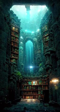 an underwater library with bookshelves full of books