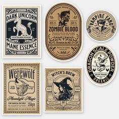 six different types of label designs for various products, including witch's brew and zombie blood