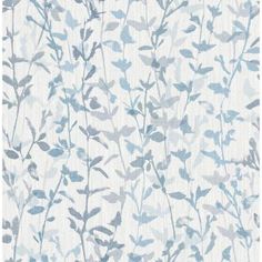 a blue and white floral wallpaper with leaves on the side, in shades of grey