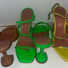 Brand New, Never Worn Will Accept Lower $ Elsewhere! Size 36 May Have Box Or Dustbag Green Square Toe Evening Heels, Green Square Toe Heels For Evening, Green Square Toe Party Heels, High Heel Shoes With Heel Strap For Shopping, High Heel Shopping Heels With Heel Strap, Muaddi Shoes, Amina Muaddi Heels, Amina Muaddi Shoes, Shoes Green