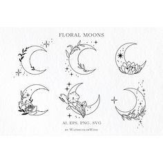 four moon tattoos with flowers and stars on them