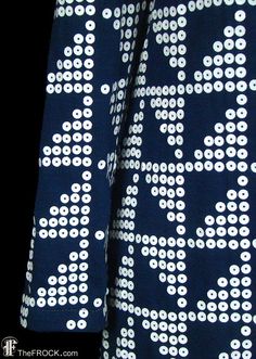 "BIG NEWS After 22 years, our website, TheFROCK.com, has had a makeover. Check out the new site, and join our mailing list for new arrivals.  Vintage 1960s / 1970s Paco Rabanne blue jersey maxi dress with white sequins in a geometric op-art pattern throughout. Hidden rear zipper entry. Fabric has some give, measures bust 38\", waist 34\", length 58\". Excellent condition. A rare garment with a terrific range, well-suited for both formal and informal wear.  Layaway is available. ALL DELIVERY DATE Jersey Maxi Dress, Blue Jersey, Long Sleeve Gown, Maxi Jersey Dress, Vintage Fur, Vintage Maxi Dress, Paco Rabanne, Op Art, New Instagram