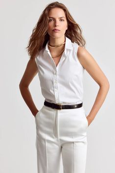 The Shirt by Rochelle Behrens - The Sleeveless Shirt - White Sleeveless Casual Outfit, Sleeveless Button Down Shirt Outfit, Sleeveless Shirt Outfit, Edge Outfits, Classic Edgy Outfits, Sleeveless Shirt Women, White Sleeveless Shirt, Flamboyant Gamine, Goals Life