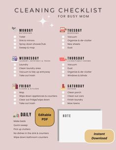 the cleaning checklist for busy moms is shown in this graphic style, and includes items