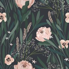 a floral pattern with pink flowers and green leaves on a dark background, suitable for wallpaper or fabric