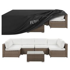 two couches and a table covered by a black cover with the word fuga on it